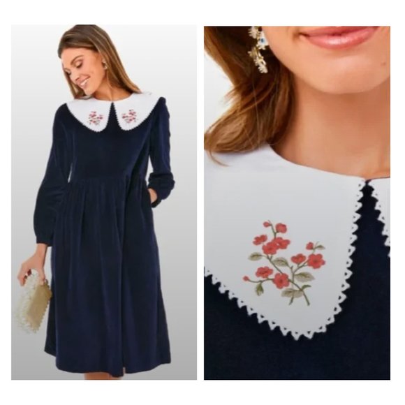 Meadows | NEW Pasque Peter Pan Victorian Midi Velvet Dress in Navy Size 12 - Picture 1 of 11